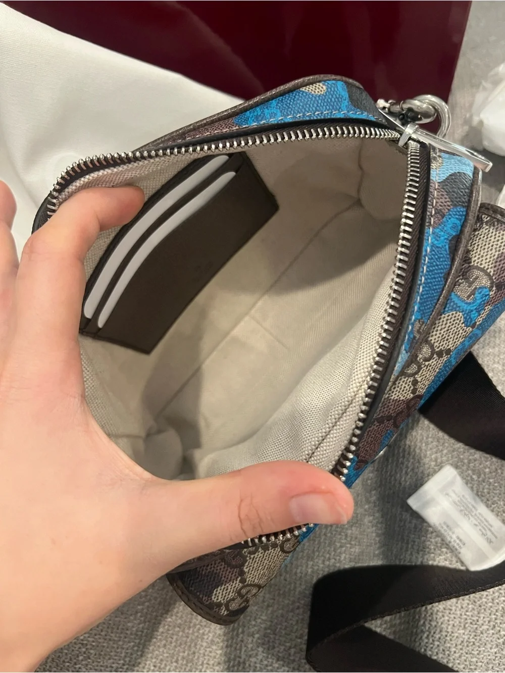 New Gucci Brown and Blue GG Supreme Camouflage Crossbody Bag